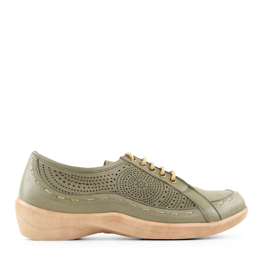SIDE VIEW OF GREEN LACE UP CASUAL SHOE WITH LASER CUT DETAIL 