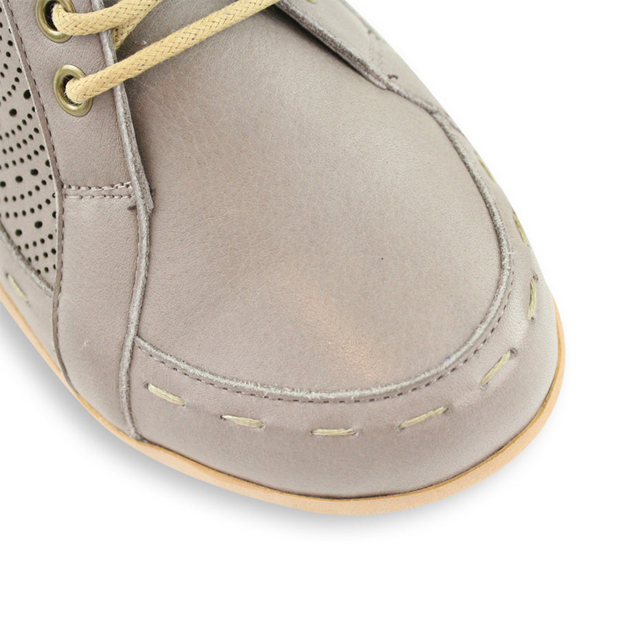 FRONT VIEW OF GREY LACE UP CASUAL SHOE WITH LASER CUT DETAIL 
