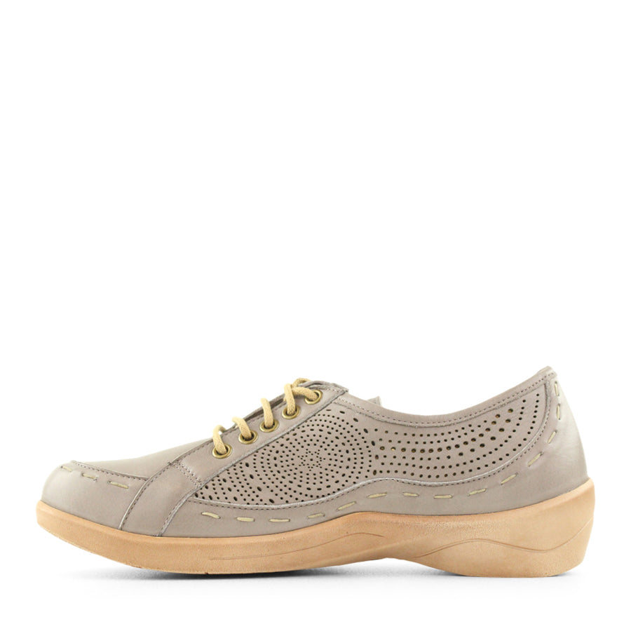 SIDE VIEW OF GREY LACE UP CASUAL SHOE WITH LASER CUT DETAIL 