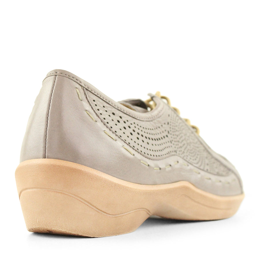 BACK VIEW OF GREY LACE UP CASUAL SHOE WITH LASER CUT DETAIL 