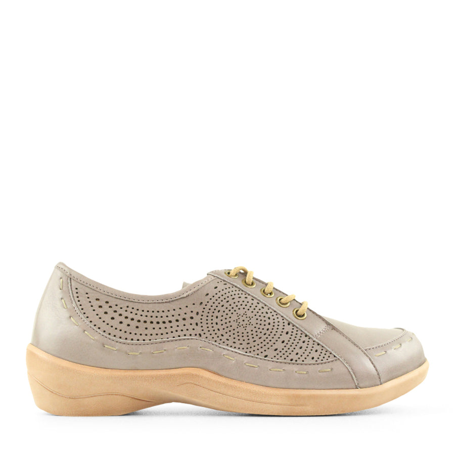 SIDE VIEW OF GREY LACE UP CASUAL SHOE WITH LASER CUT DETAIL 