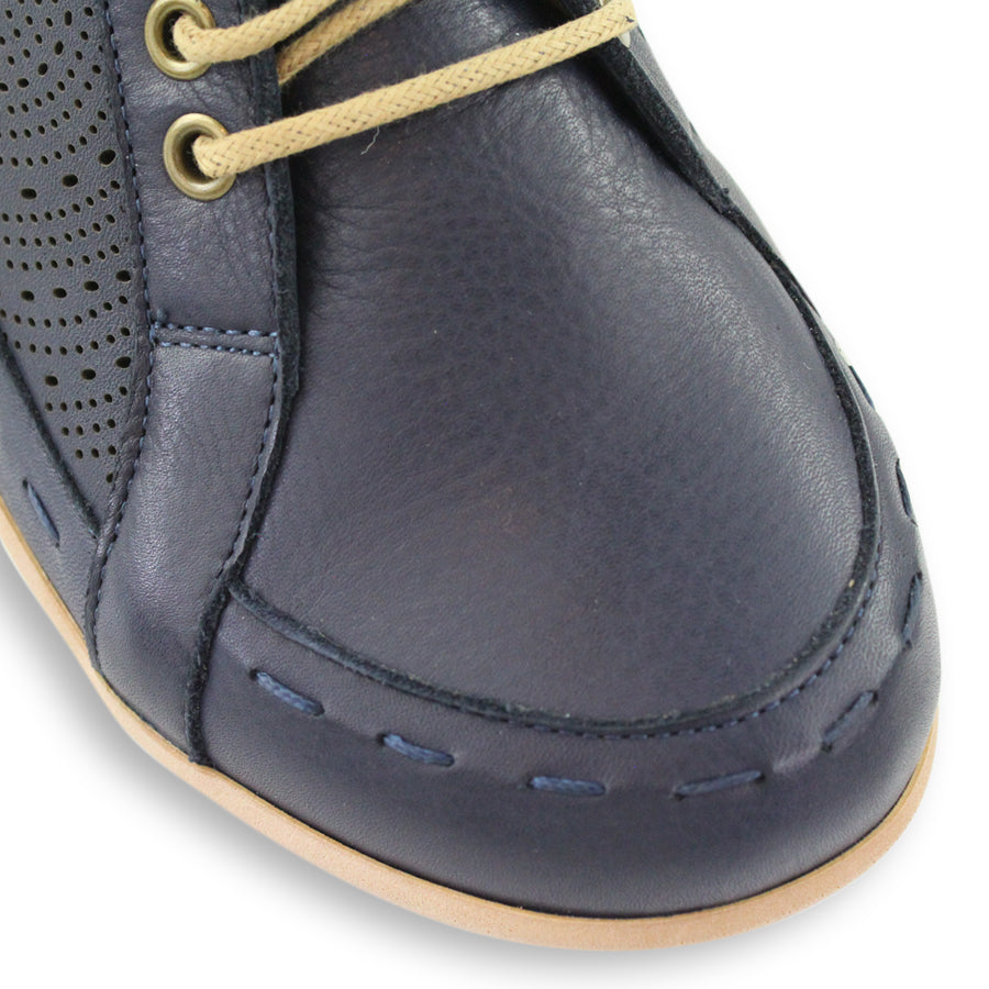 FRONT VIEW OF NAVY LACE UP CASUAL SHOE WITH LASER CUT DETAIL 