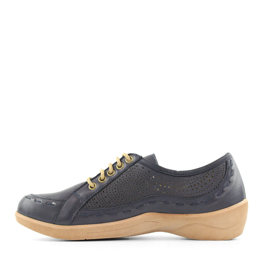SIDE VIEW OF NAVY LACE UP CASUAL SHOE WITH LASER CUT DETAIL 