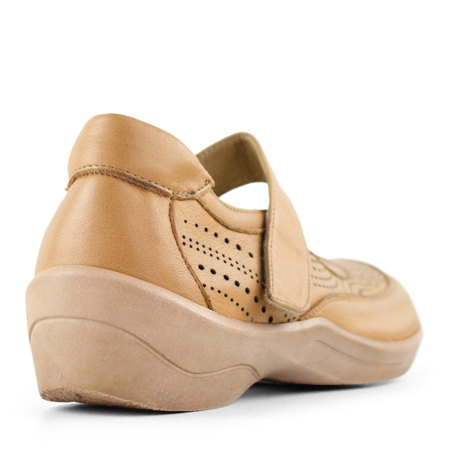 BACK VIEW OF TAN CASUAL SHOE WITH VELCRO STRAP AND LASER CUT DETAILING