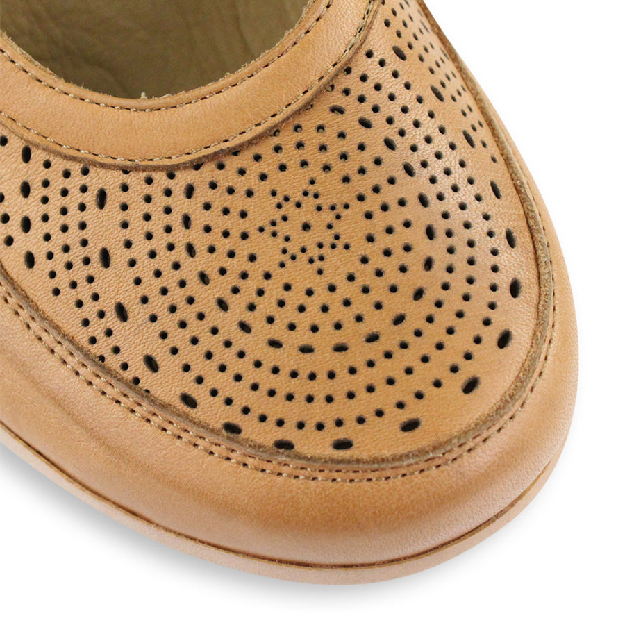 FRONT VIEW OF TAN CASUAL SHOE WITH VELCRO STRAP AND LASER CUT DETAILING
