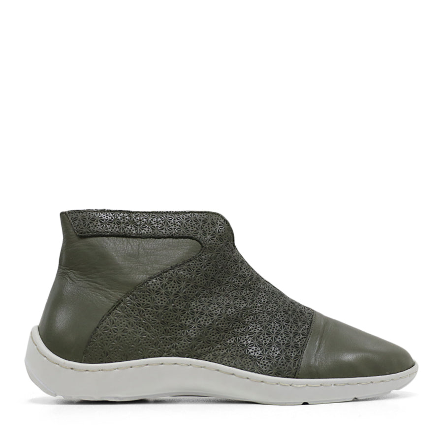 SIDE VIEW OF GREEN LEATHER ANKLE BOOT WITH WHITE SOLE AND PATTERNED DETAIL PANELLING 