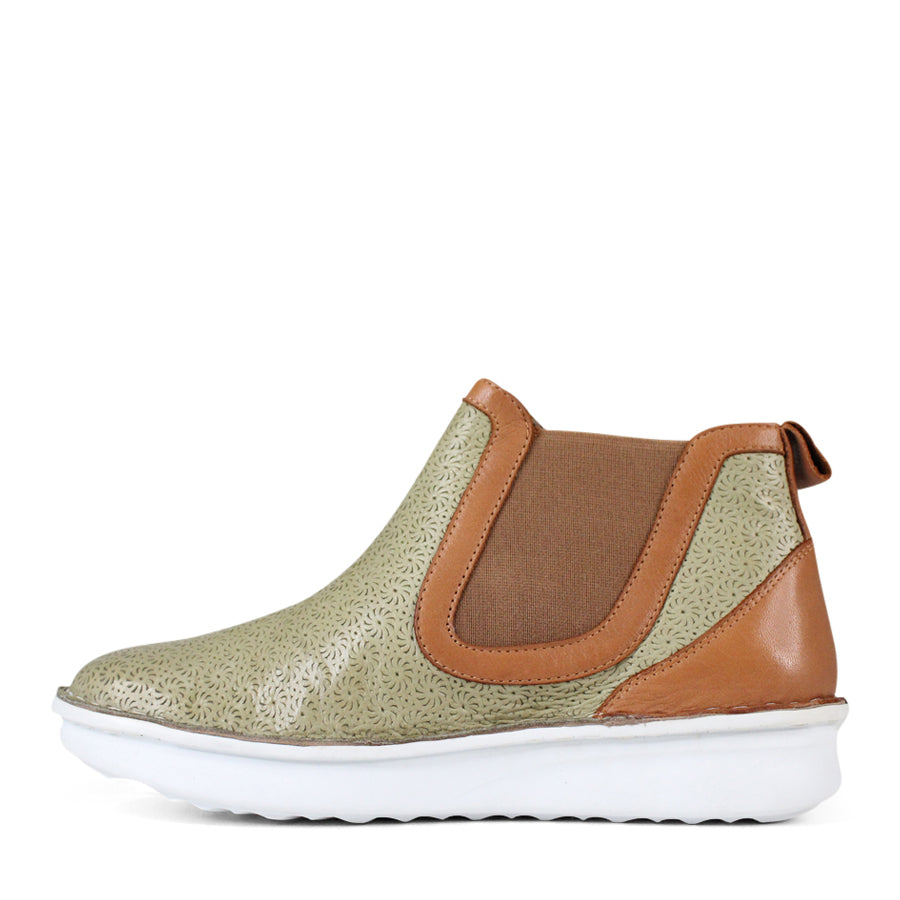 SIDE VIEW OF PATTERNED GREEN ANKLE BOOT WITH TAN PANELS AND WHITE SOLE 