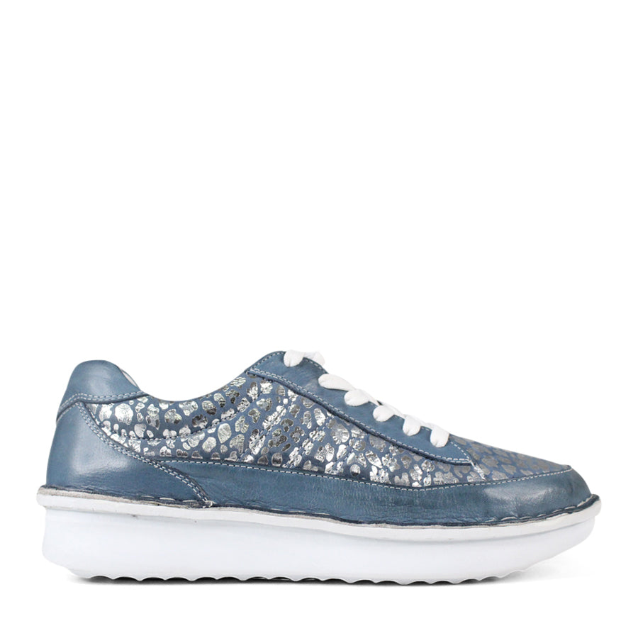 SIDE VIEW OF BLUE LACE UP SNEAKER WITH METALLIC LEOPARD PRINT DETAILING ON SIDE AND FRONT PANELS. WHITE SOLE 