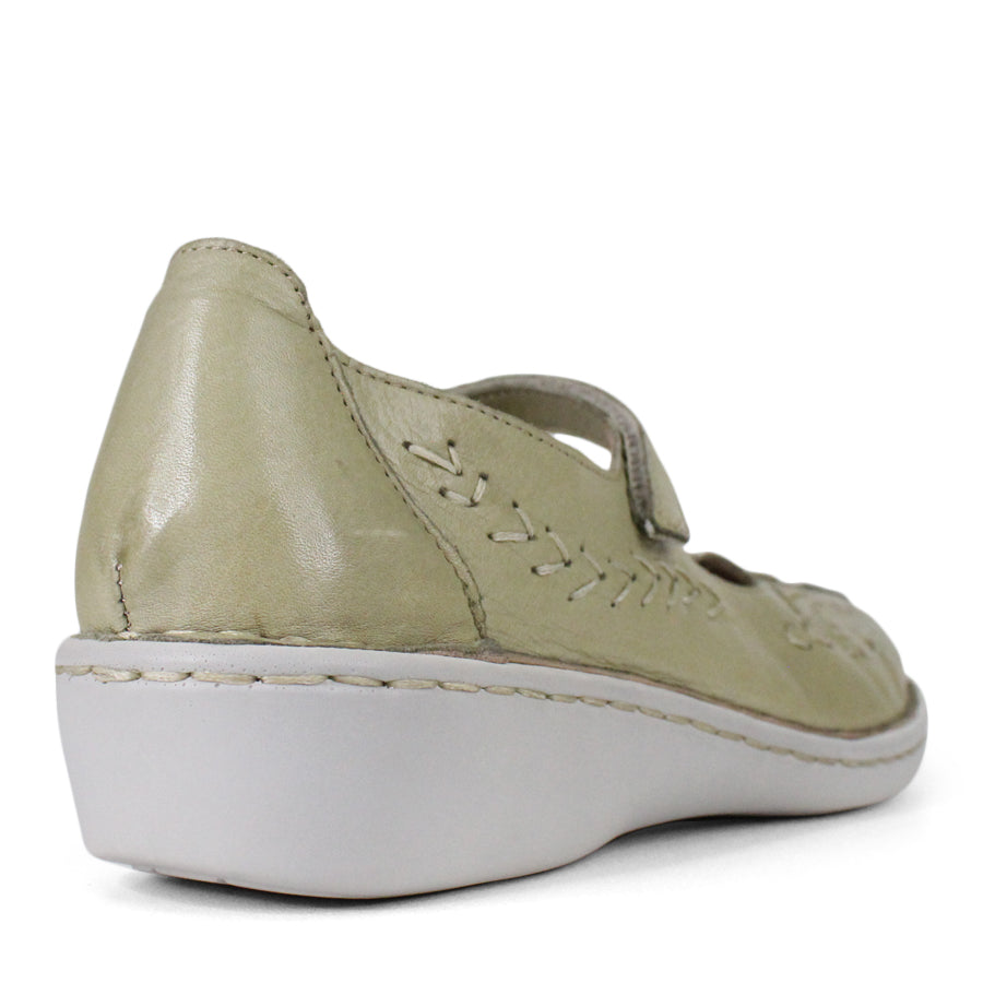 BACK VIEW OF LIGHT GREEN LEATHER CASUAL SHOE WITH VELCRO STRAP AND WHITE STITCHING DETAIL
