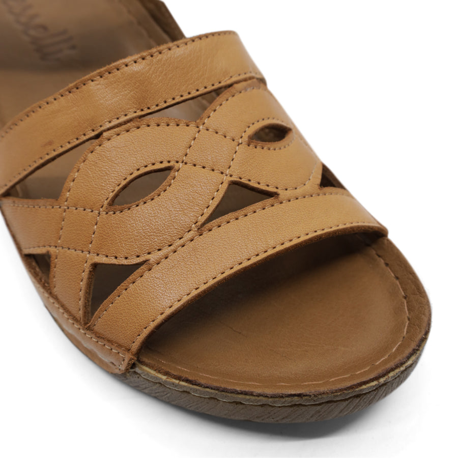 FRONT VIEW OF TAN WEDGES WITH OPEN TOE AND WEAVE DETAIL 