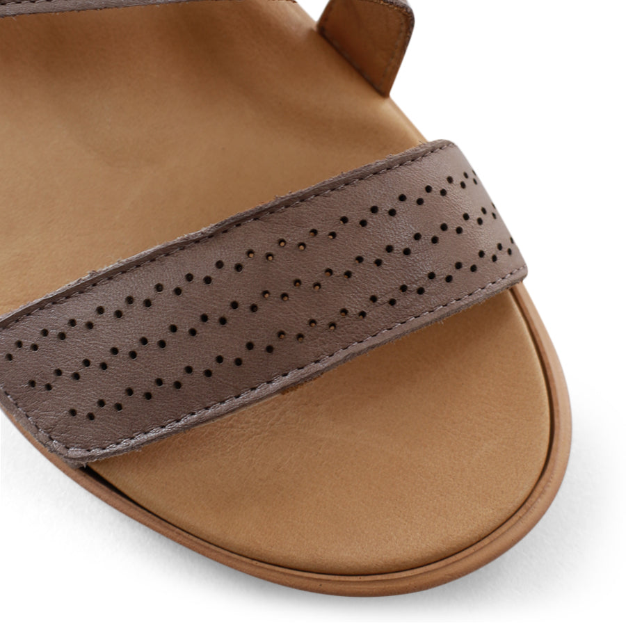 FRONT VIEW OF GREY SANDAL WITH 3 ADJUSTABLE STRAPS AND PERFORATED DETAILLING 