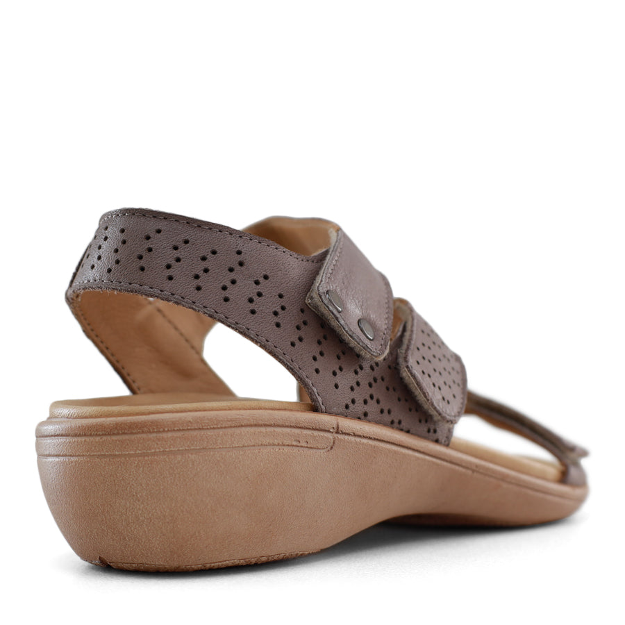 BACK VIEW OF GREY SANDAL WITH 3 ADJUSTABLE STRAPS AND PERFORATED DETAILLING 