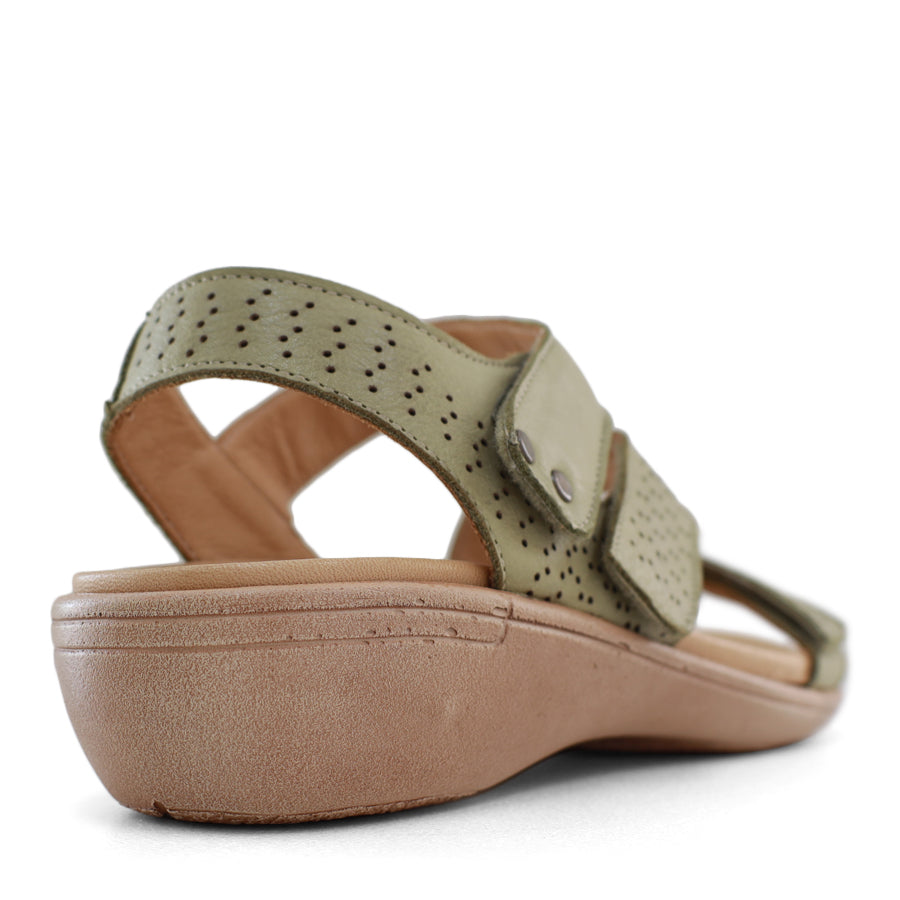 BACK VIEW OF GREEN SANDAL WITH 3 ADJUSTABLE STRAPS AND PERFORATED DETAILLING 
