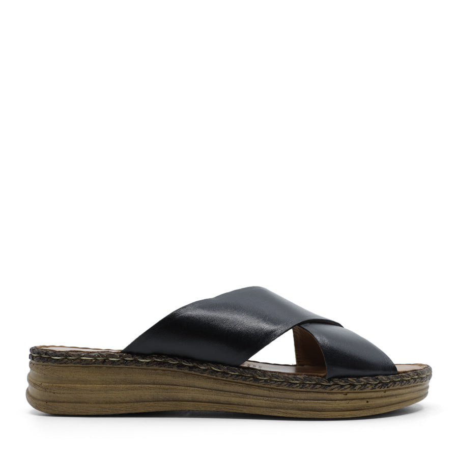  SIDE VIEW OF BLACK LEATHER SANDAL WITH CRISS CROSS DETAIL  