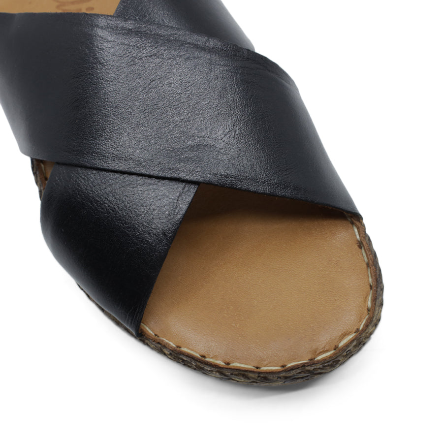 FRONT VIEW OF BLACK LEATHER SANDAL WITH CRISS CROSS DETAIL  