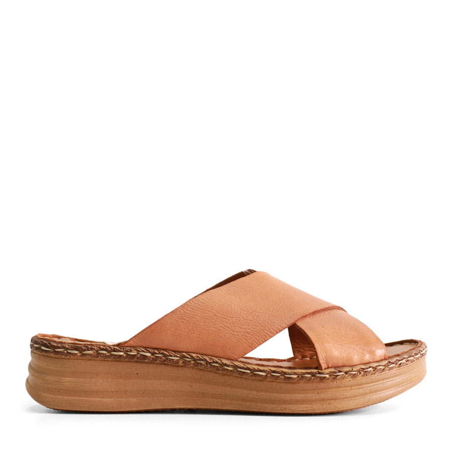  SIDE VIEW OF TAN LEATHER SANDAL WITH CRISS CROSS DETAIL  