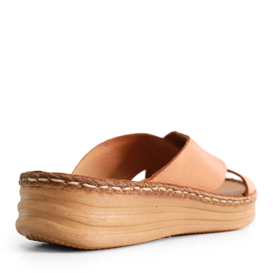 BACK VIEW OF TAN LEATHER SANDAL WITH CRISS CROSS DETAIL  