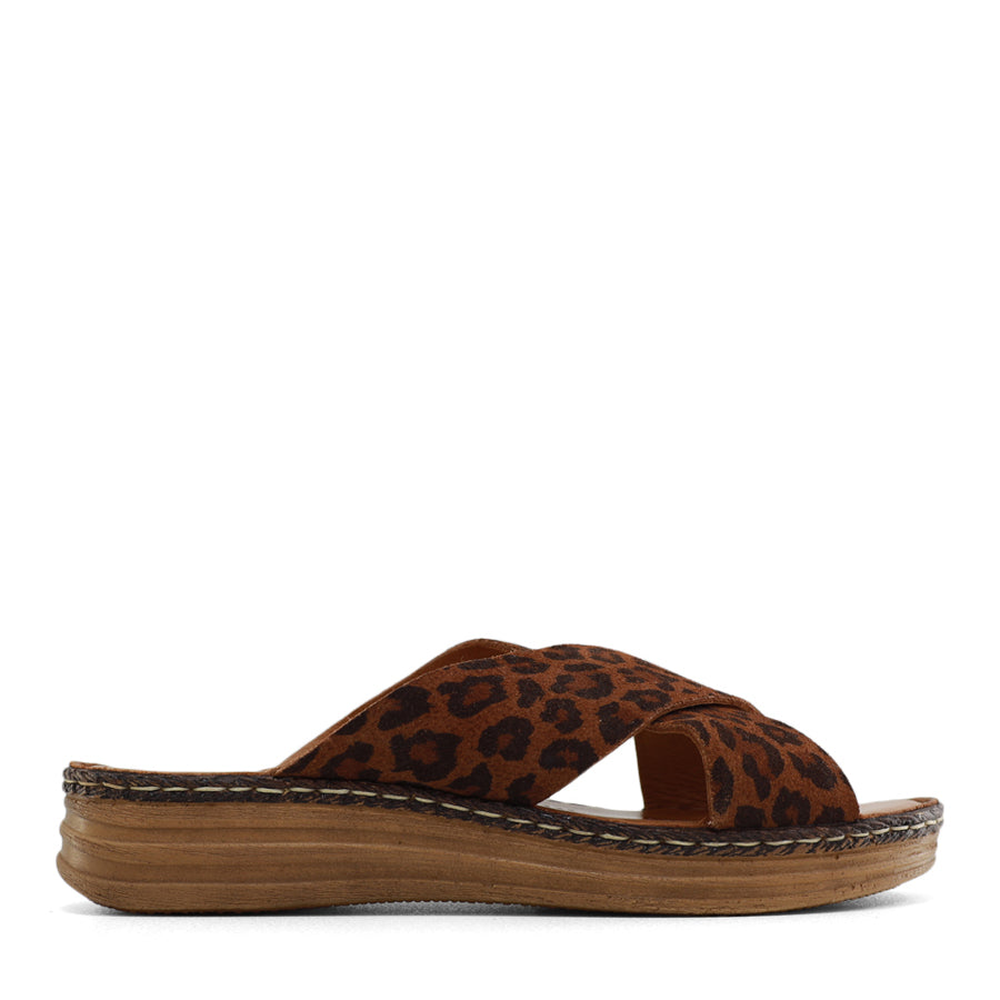  SIDE VIEW OF BROWN LEOPARD PRINT LEATHER SANDAL WITH CRISS CROSS DETAIL  