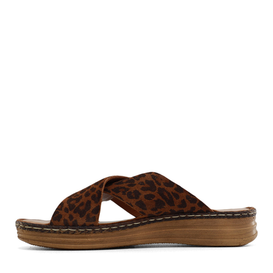  SIDE VIEW OF BROWN LEOPARD PRINT LEATHER SANDAL WITH CRISS CROSS DETAIL  