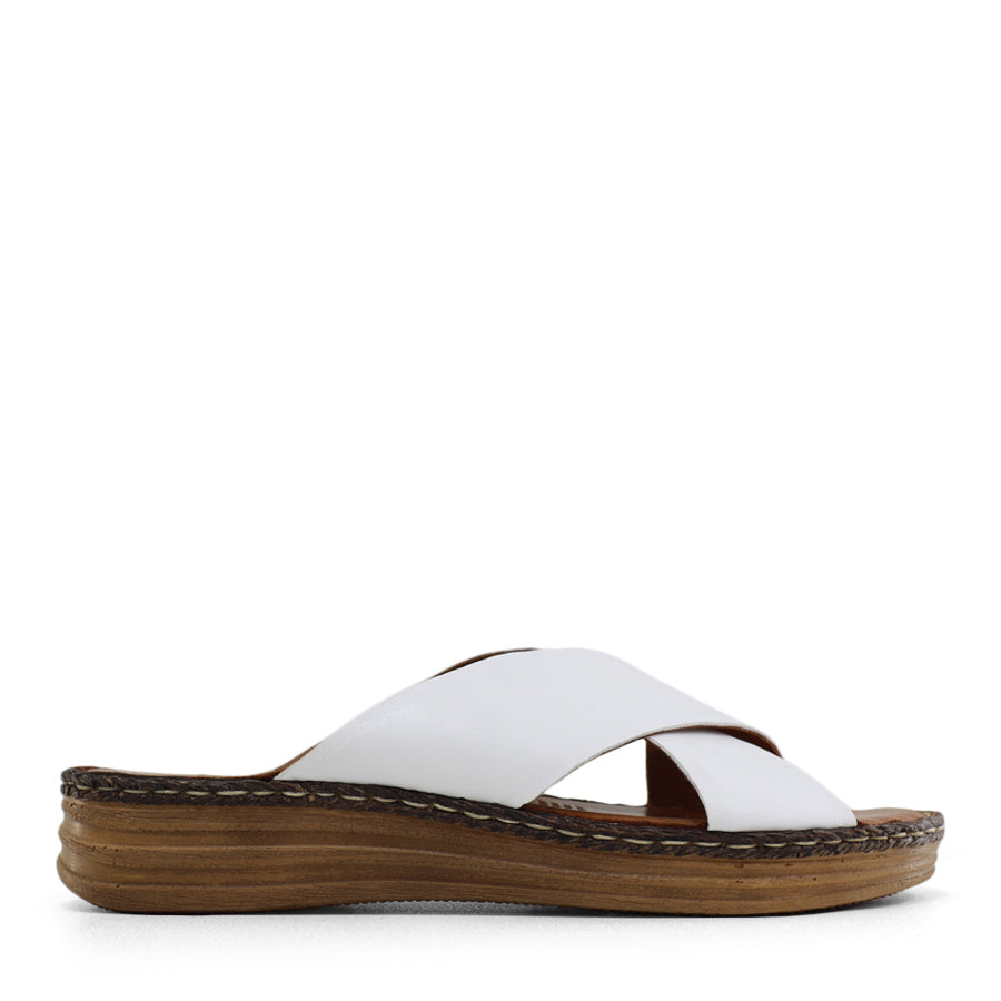  SIDE VIEW OF WHITE LEATHER SANDAL WITH CRISS CROSS DETAIL  