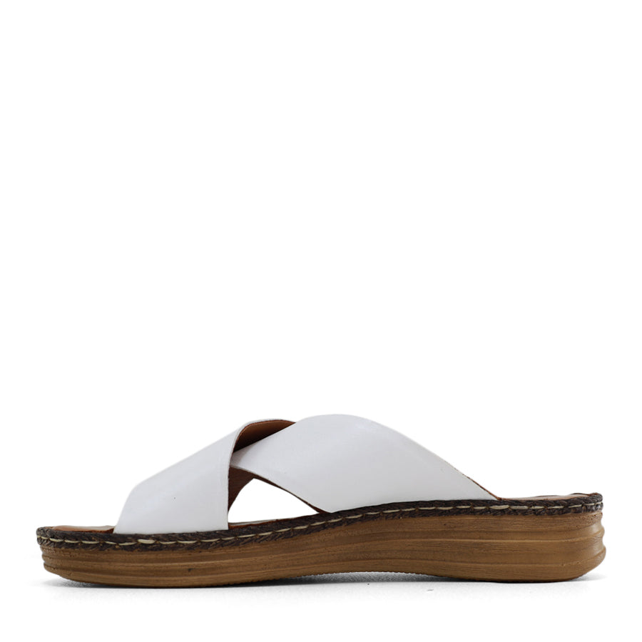  SIDE VIEW OF WHITE LEATHER SANDAL WITH CRISS CROSS DETAIL  