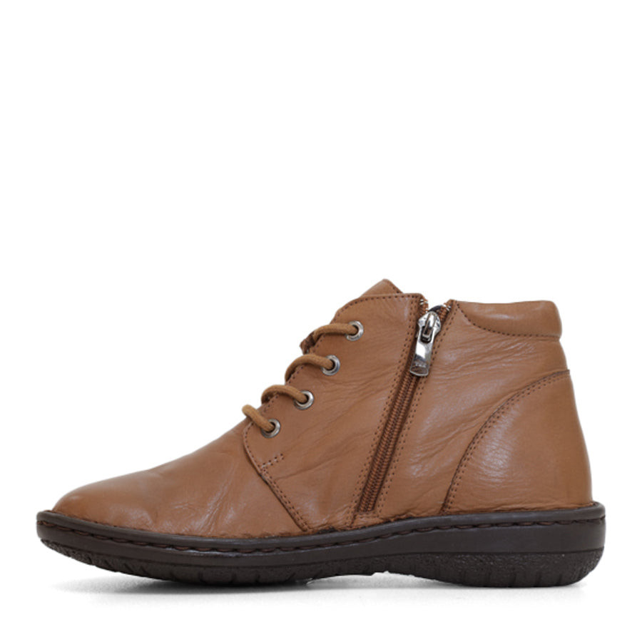 Brown leather lace up and zip up ankle boot