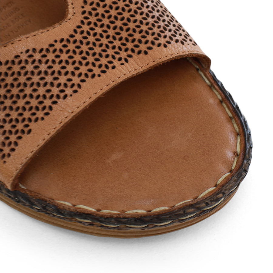 BACK VIEW OF TAN LEATHER SANDAL WITH LASER CUT DETAILING AND OPEN TOE