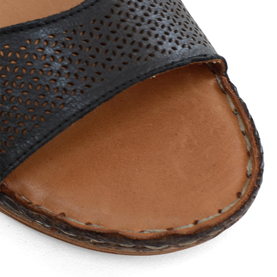 FRONT VIEW OF BLACK LEATHER SANDAL 