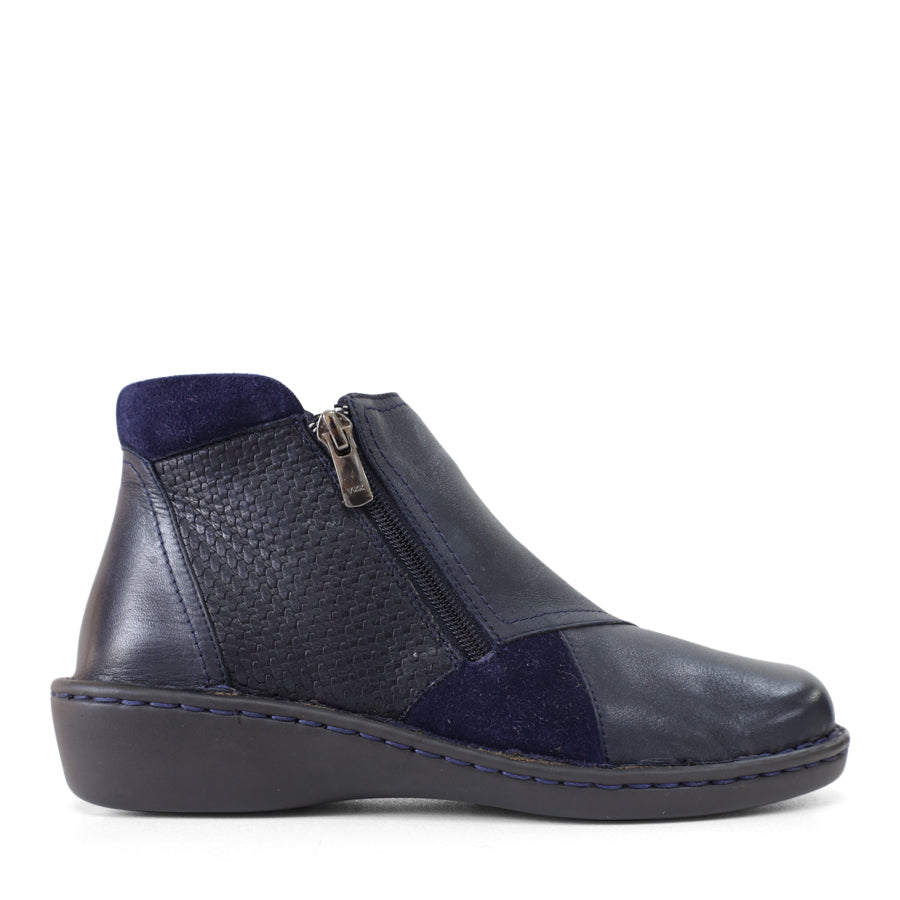 SIDE VIEW OF NAVY LEATHER ANKLE BOOT WITH ZIP