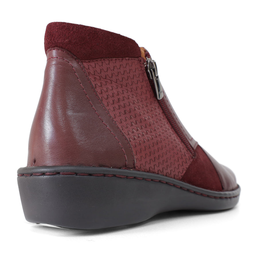 BACK VIEW OF RED LEATHER ANKLE BOOT WITH ZIP