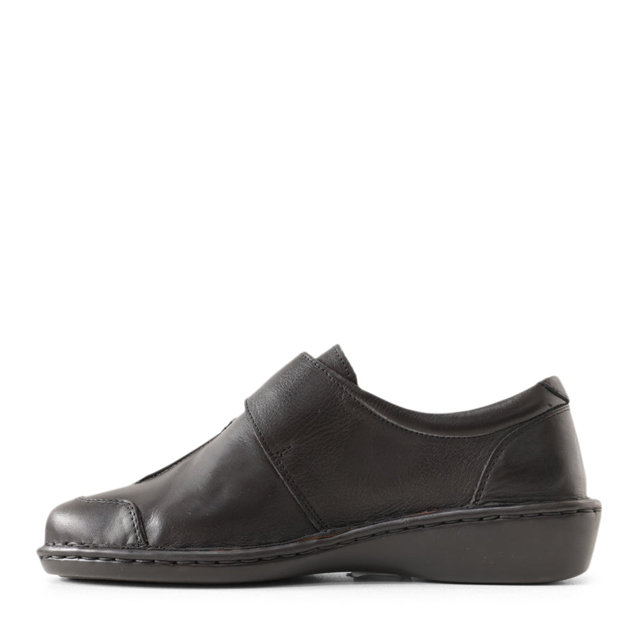 SIDE VIEW OF BLACK LEATHER CASUAL SHOE WITH VELCRO STRAP 