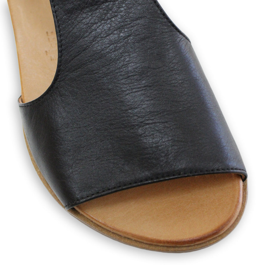 FRONT VIEW OF BLACK LEATHER T BAR SANDAL WITH VELCRO STRAP 