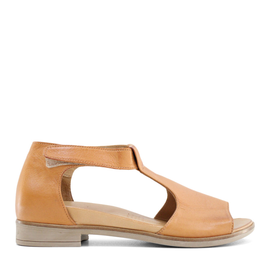 SIDE VIEW OF TAN LEATHER T BAR SANDAL WITH VELCRO STRAP 