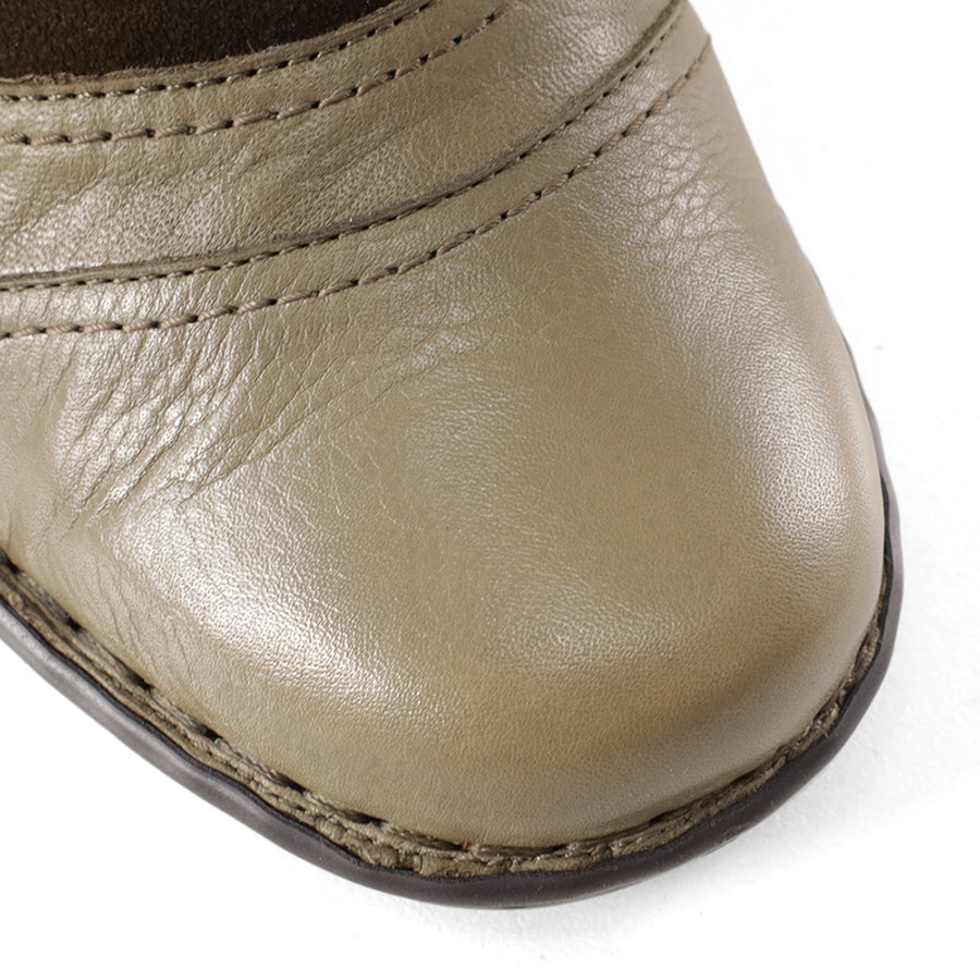 Bird eye view, Olive Green, Round toe shape, Olive Green stitching around the top of sole unit.