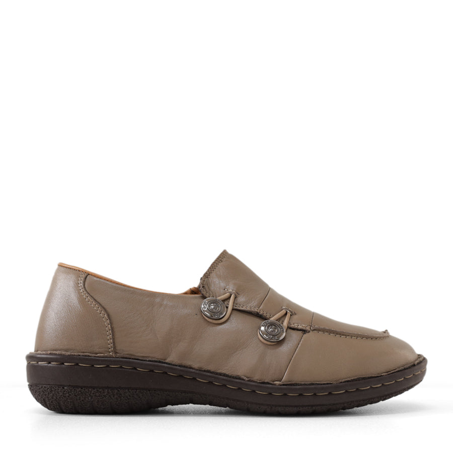 Outside side view, light to dark grey, Dual Metallic elastic button closure, 3cm rubber sole, light to dark grey stitching around the top of sole unit