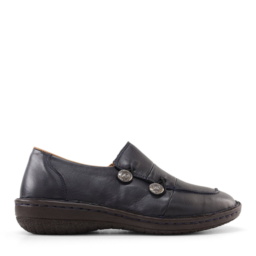 Outside side view, Navy, Dual Metallic elastic button closure, 3cm rubber sole, Navy stitching around the top of sole unit