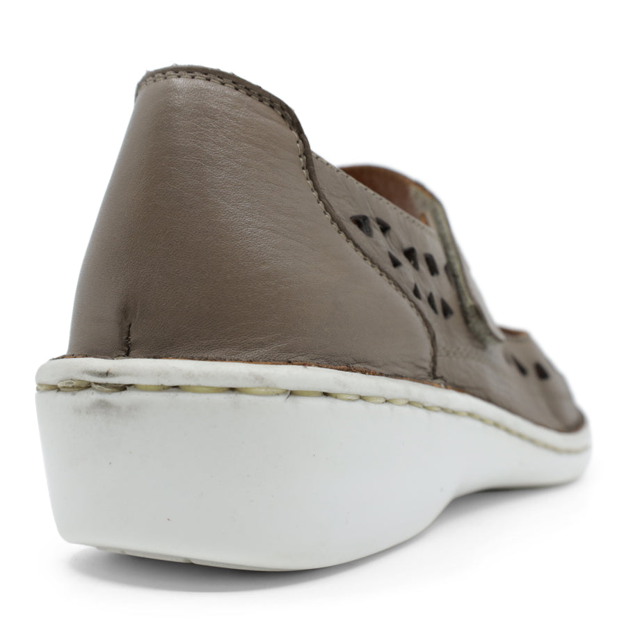 BACK VIEW OF GREY LEATHER CASUAL SHOE WITH VELCRO STRAP AND WHITE SOLE