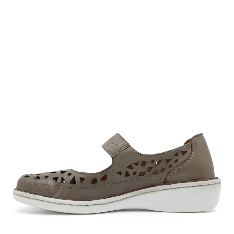SIDE VIEW OF GREY LEATHER CASUAL SHOE WITH VELCRO STRAP AND WHITE SOLE