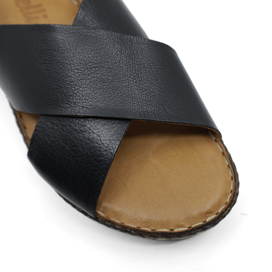 FRONT VIEW OF BLACK LEATHER CRISS CROSS FRONT SANDAL