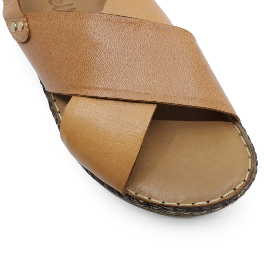 SIDE VIEW OF TAN LEATHER CRISS CROSS FRONT SANDAL