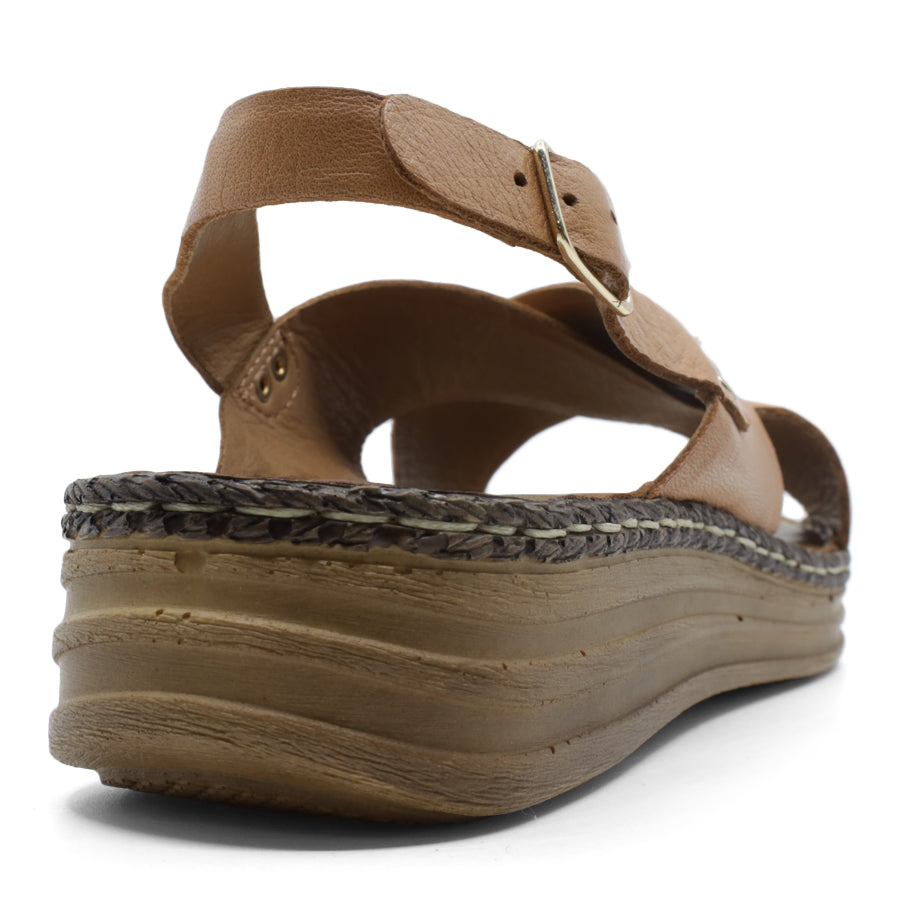 BACK VIEW OF TAN LEATHER CRISS CROSS FRONT SANDAL WITH ADJUSTABLE BUCKLE AND CUSHIONED SOLE