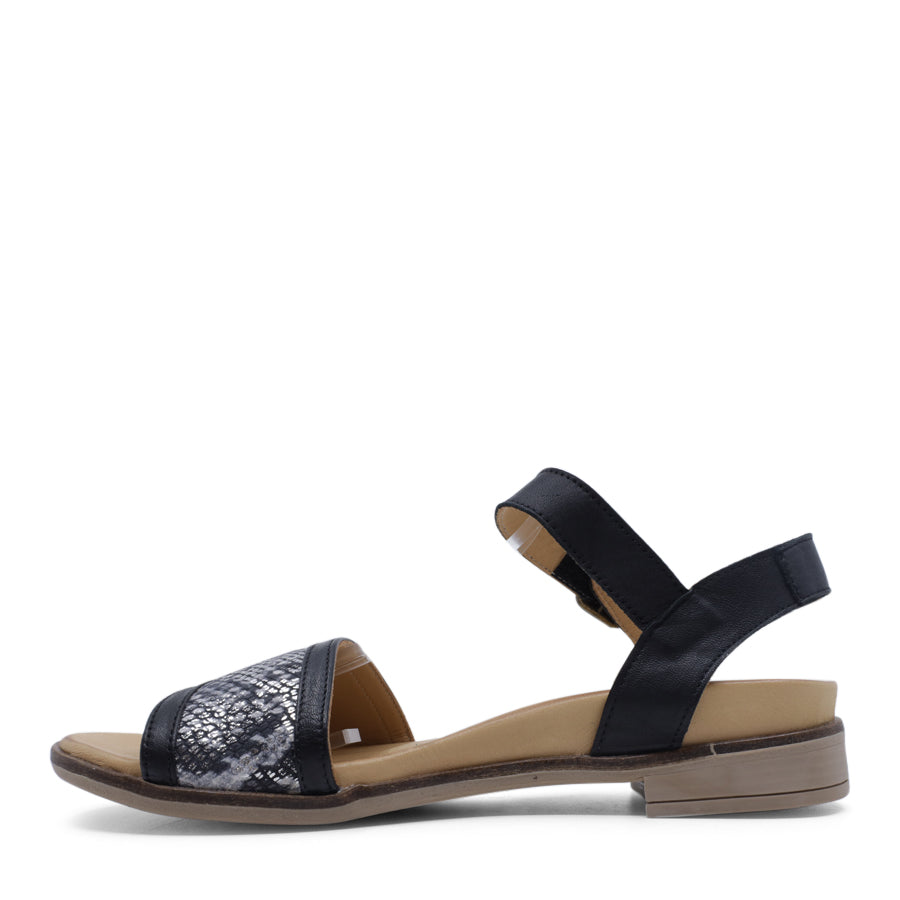 SIDE VIEW OF BLACK LEATHER SANDAL WITH SNAKE PRINT DETAIL AND ADJUSTABLE BUCKLE