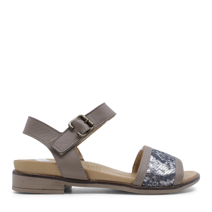 SIDE VIEW OF GREY LEATHER SANDAL WITH SNAKE PRINT DETAIL AND ADJUSTABLE BUCKLE