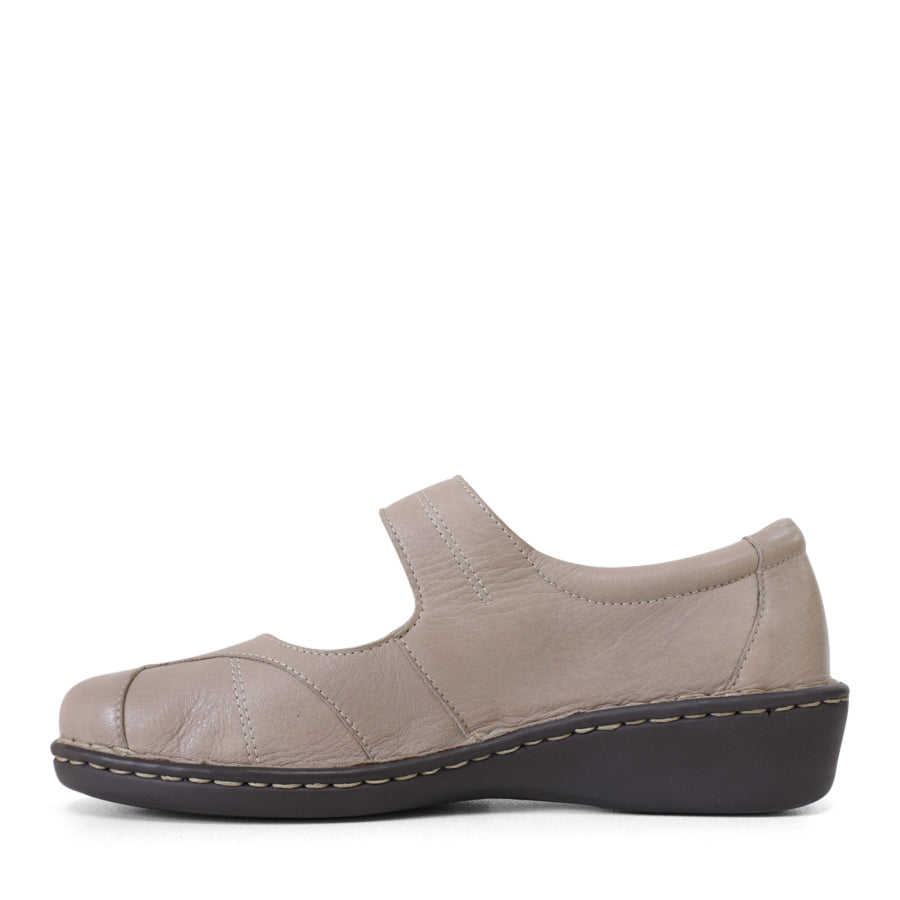 SIDE VIEW OF GREY LEATHER FLAT CASUAL SHOW WITH VELCRO CLOSURE