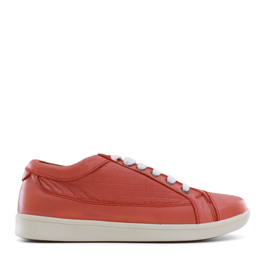 SIDE VIEW OF RED LACE UP SNEAKER WITH WHITE SOLE