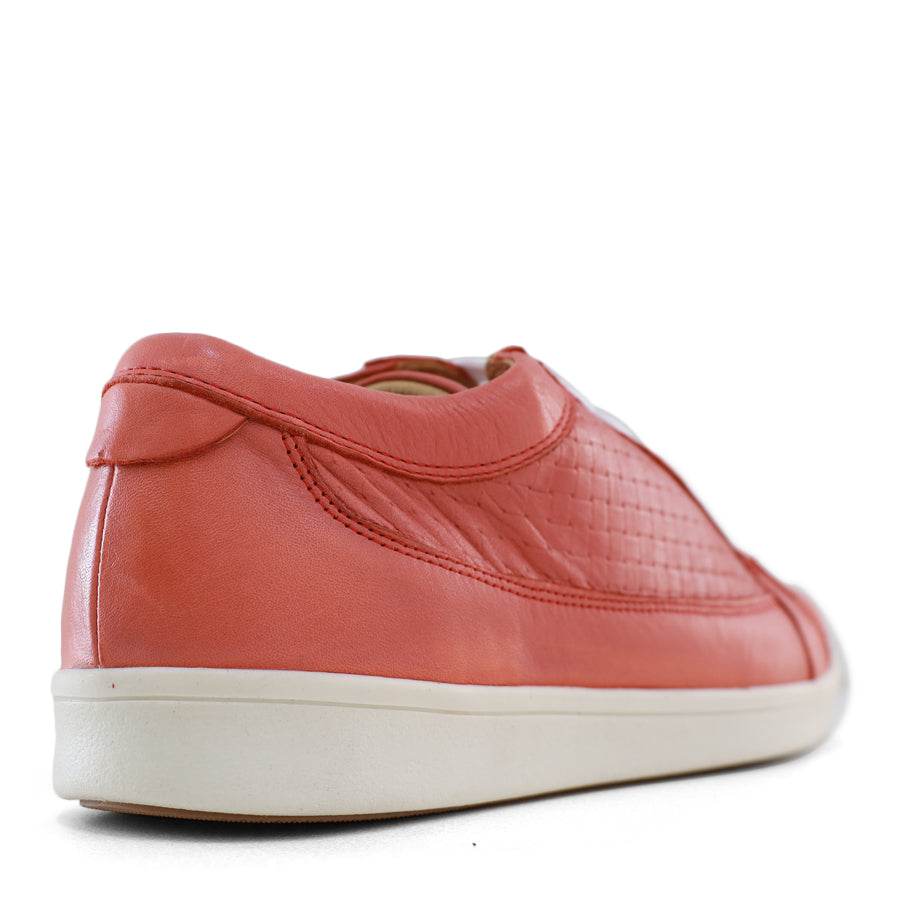 BACK VIEW OF RED LACE UP SNEAKER WITH WHITE SOLE