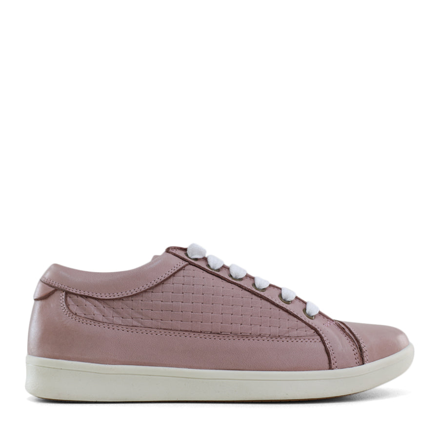 SIDE VIEW OF DUSTY PINK LACE UP SNEAKER WITH WHITE SOLE