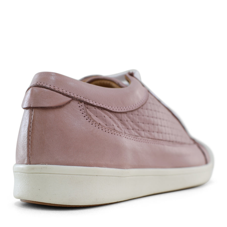 BACK VIEW OF DUSTY PINK LACE UP SNEAKER WITH WHITE SOLE