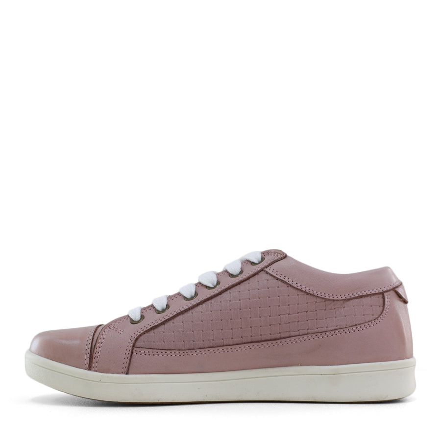 SIDE VIEW OF DUSTY PINK LACE UP SNEAKER WITH WHITE SOLE
