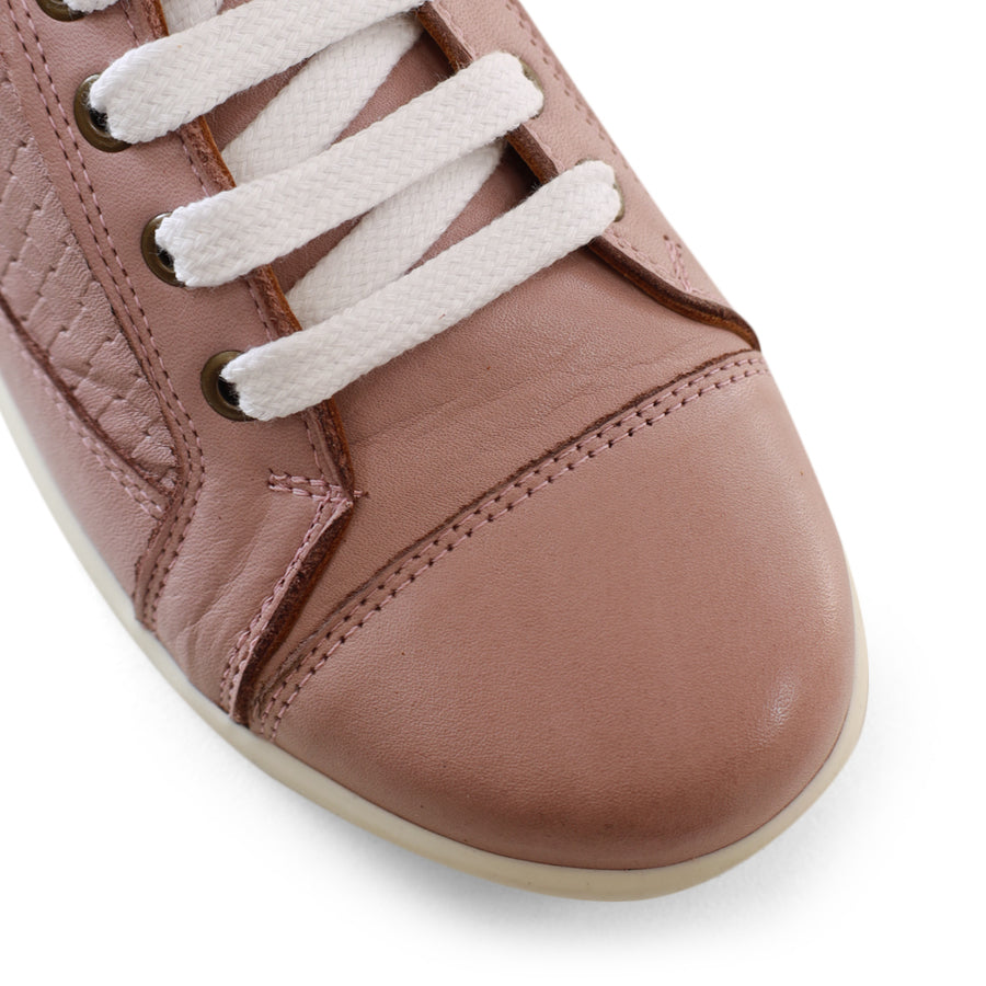 FRONT VIEW OF DUSTY PINK LACE UP SNEAKER WITH WHITE SOLE